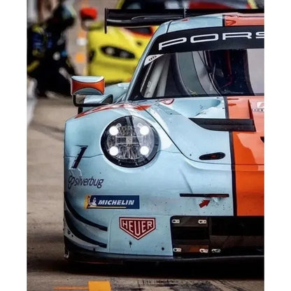 Porsche 911 Race Car Poster Print – #1 Light Blue & Orange Porsche GT3 RSR Front View Wall Art | Motorsport Decor