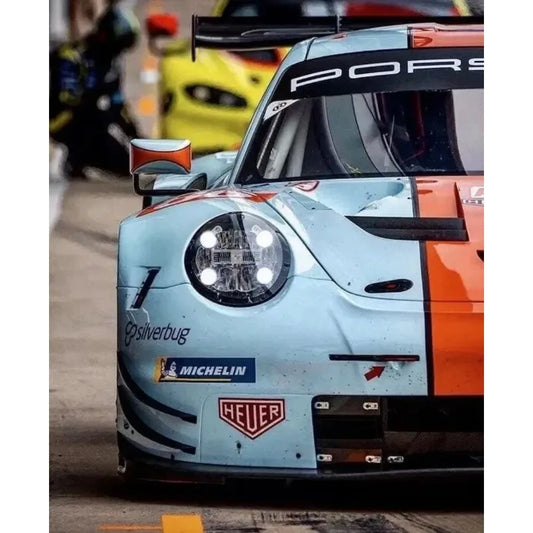 Porsche 911 Race Car Poster Print – #1 Light Blue & Orange Porsche GT3 RSR Front View Wall Art | Motorsport Decor