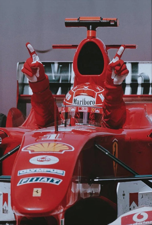Iconic Michael Schumacher Ferrari Victory Celebration Cotton Canvas Poster