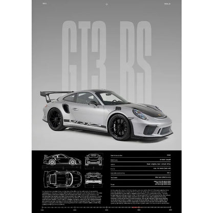 Porsche 911 GT3 RS Gray & Orange Side View Print – Wall Art with Specs & Blueprints