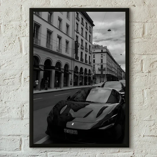 Ferrari F8 Tributo Black Monochrome Urban Street Wall Art Cotton Canvas Poster
