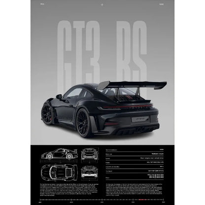 Porsche 911 GT3 RS Black Rear Quarter View Print – Wall Art with Specs & Blueprints