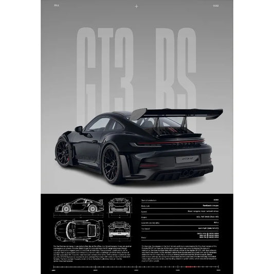 Porsche 911 GT3 RS Black Rear Quarter View Print – Wall Art with Specs & Blueprints