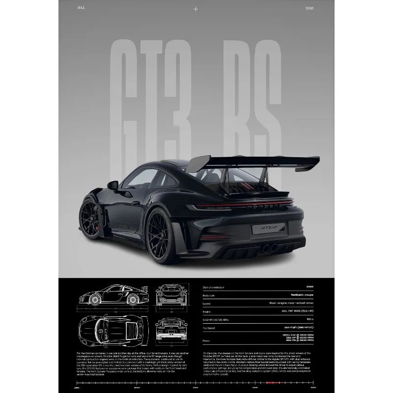 Porsche 911 GT3 RS White Technical Poster Print – Gloss White 992 GT3 RS Wall Art with Full Specs