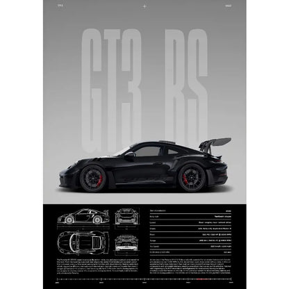 Porsche 911 GT3 RS Black Rear Quarter View Print – Wall Art with Specs & Blueprints