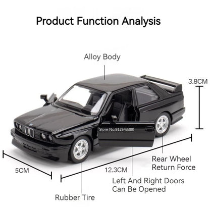 Premium 1:36 BMW E30 M3 Diecast Model – Jet Black / Alpine White | Motorsport Decor