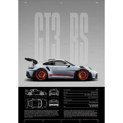 Porsche 911 GT3 RS White Technical Poster Print – Gloss White 992 GT3 RS Wall Art with Full Specs
