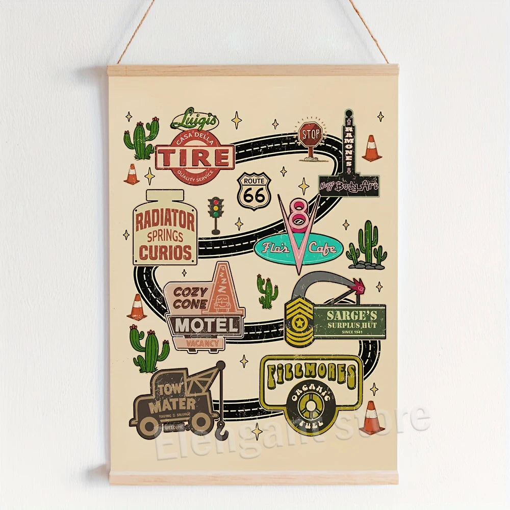 Disney Pixar Cars Radiator Springs Map Poster Print – Vintage Route 66 Wall Art with Flo’s V8 Cafe, Cozy Cone Motel & Sarge’s Hut