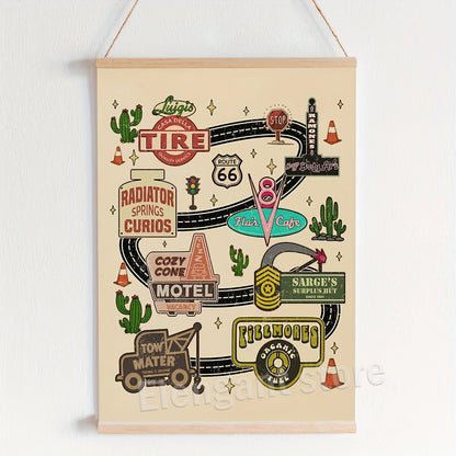 Disney Pixar Cars Radiator Springs Map Poster Print – Vintage Route 66 Wall Art with Flo’s V8 Cafe, Cozy Cone Motel & Sarge’s Hut