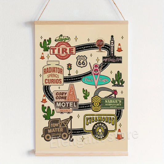 Disney Pixar Cars Radiator Springs Map Poster Print – Vintage Route 66 Wall Art with Flo’s V8 Cafe, Cozy Cone Motel & Sarge’s Hut