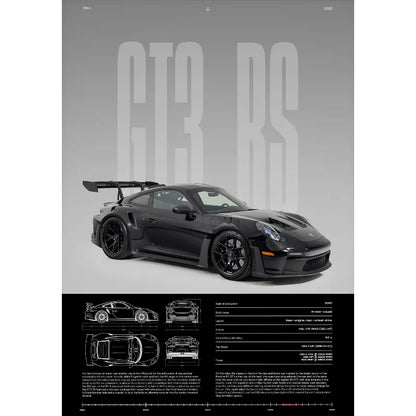 Porsche 911 GT3 RS Gray & Orange Side View Print – Wall Art with Specs & Blueprints