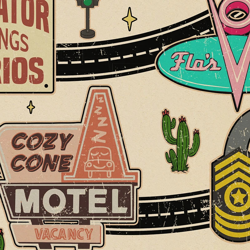 Disney Pixar Cars Radiator Springs Map Poster Print – Vintage Route 66 Wall Art with Flo’s V8 Cafe, Cozy Cone Motel & Sarge’s Hut
