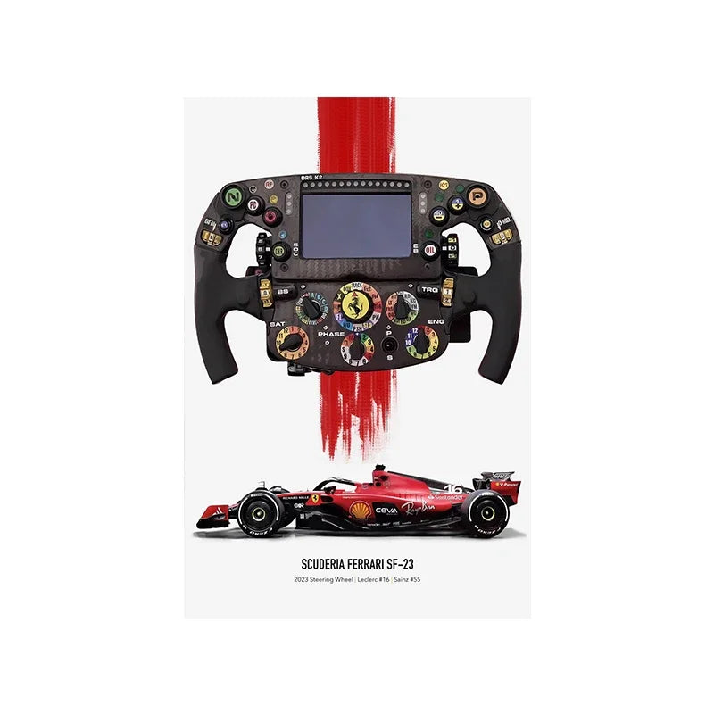 2023 Scuderia Ferrari SF-23 Steering Wheel & Car Cotton Canvas Poster