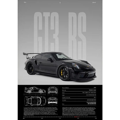 Porsche 911 GT3 RS Gray & Orange Side View Print – Wall Art with Specs & Blueprints