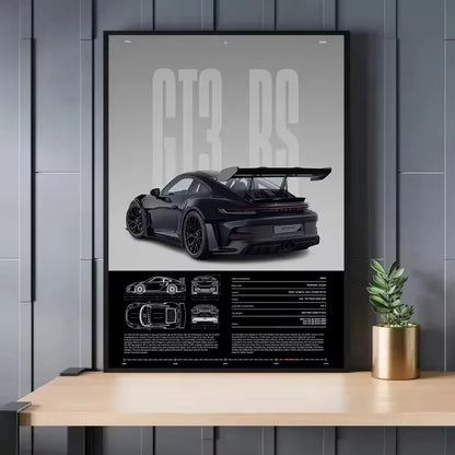 Porsche 911 GT3 RS Gray & Orange Side View Print – Wall Art with Specs & Blueprints